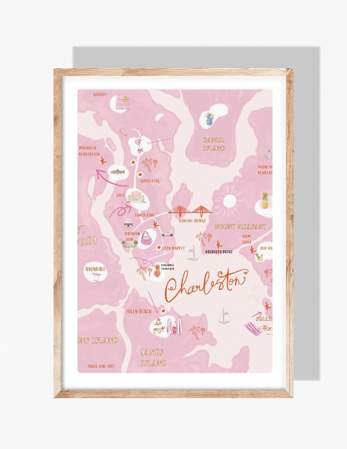 Pink illustrated map of Charleston, South Carolina featuring neighborhoods, landmarks, and coastal icons by artist Rebecca Illustrated.