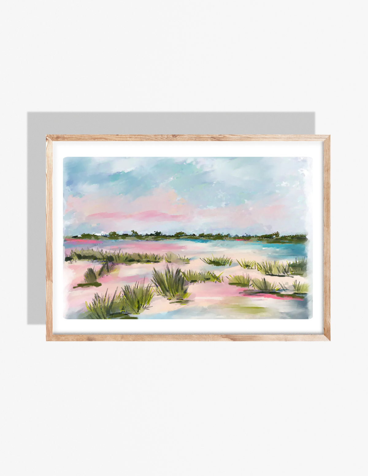 Watercolor-style illustration of a coastal marsh landscape with grasses, pastel sky, and reflective water.