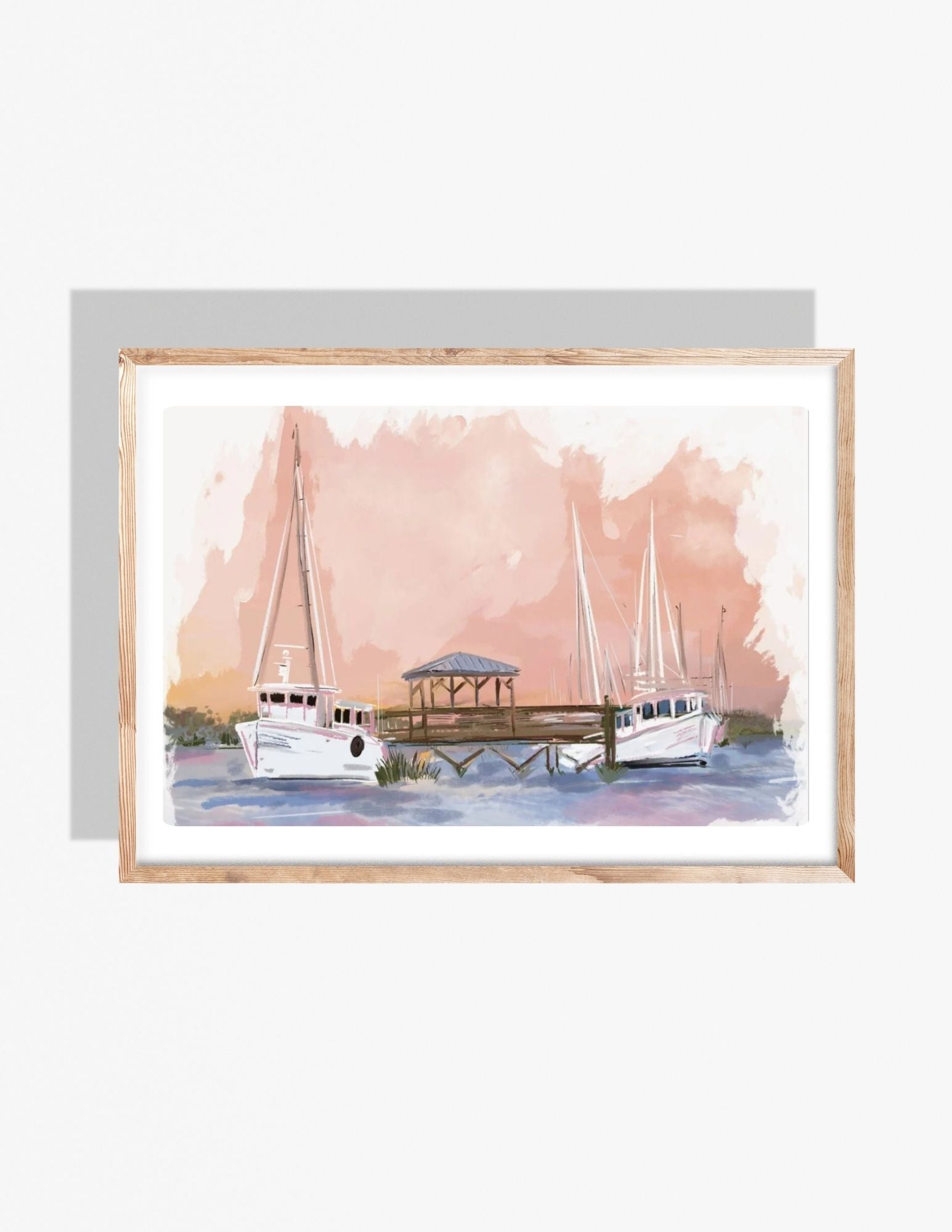 Pastel illustration of a Southern marsh dock at sunset with shrimp boats on the water, created by artist Rebecca Illustrated.