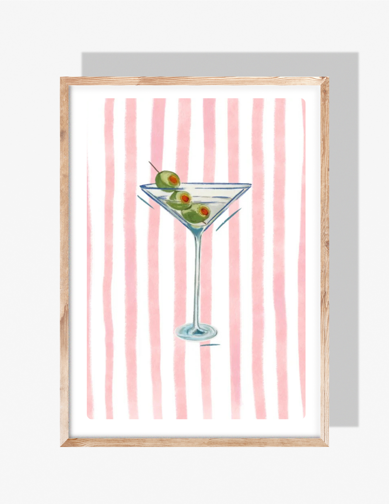 Illustrated martini glass with three olives on a pink and white striped background by artist Rebecca Illustrated.