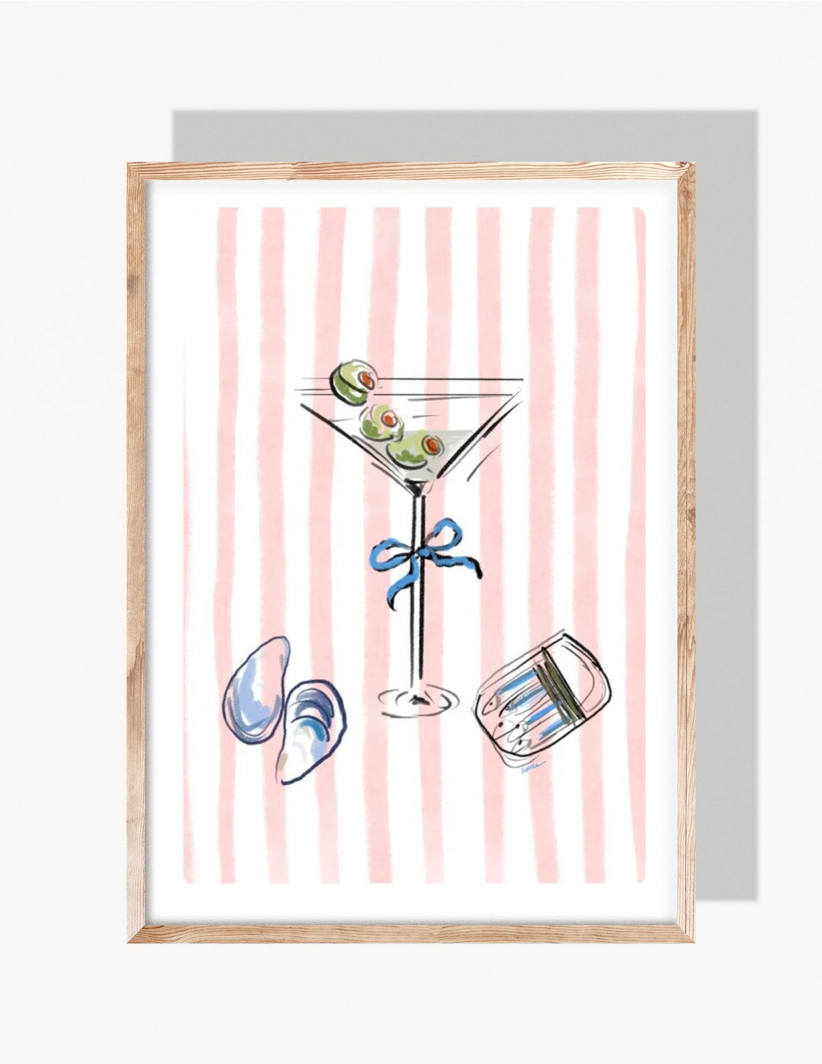 Watercolor-style illustration of a martini glass with olives and a blue bow, surrounded by seashells and a garnish jar on a pink striped background.