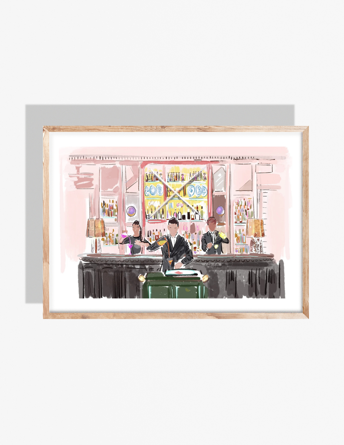 A pastel illustration by Rebecca Illustrated of bartenders mixing cocktails at the iconic Connaught Bar in the Connaught Hotel, with a pink-toned interior and backlit shelves of bottles.
