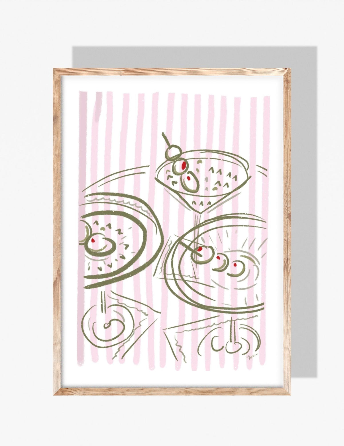 Sketch-style illustration of three martini glasses with olives over soft pink vertical stripes.
