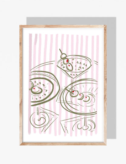 Sketch-style illustration of three martini glasses with olives over soft pink vertical stripes.