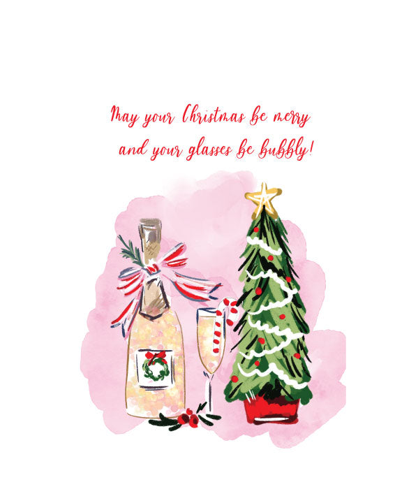 Christmas greeting card with illustrated champagne bottle, flute, and Christmas tree and the text “May your Christmas be merry and your glasses be bubbly,” blank interior