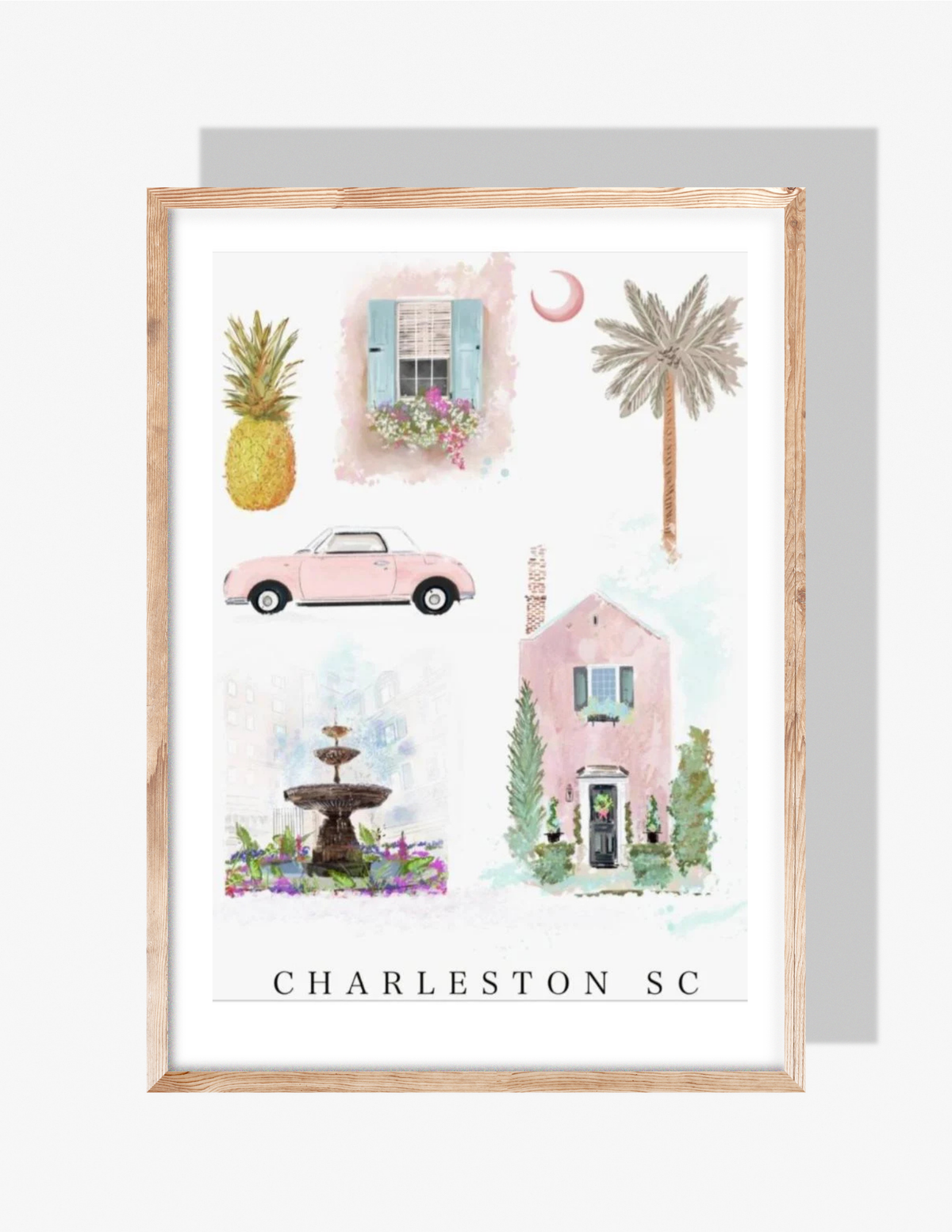 Collage-style Charleston SC illustration featuring pastel landmarks, including a pineapple, window with flower box, palmetto tree, pink car, city fountain, and pastel home — artwork by Rebecca Illustrated.