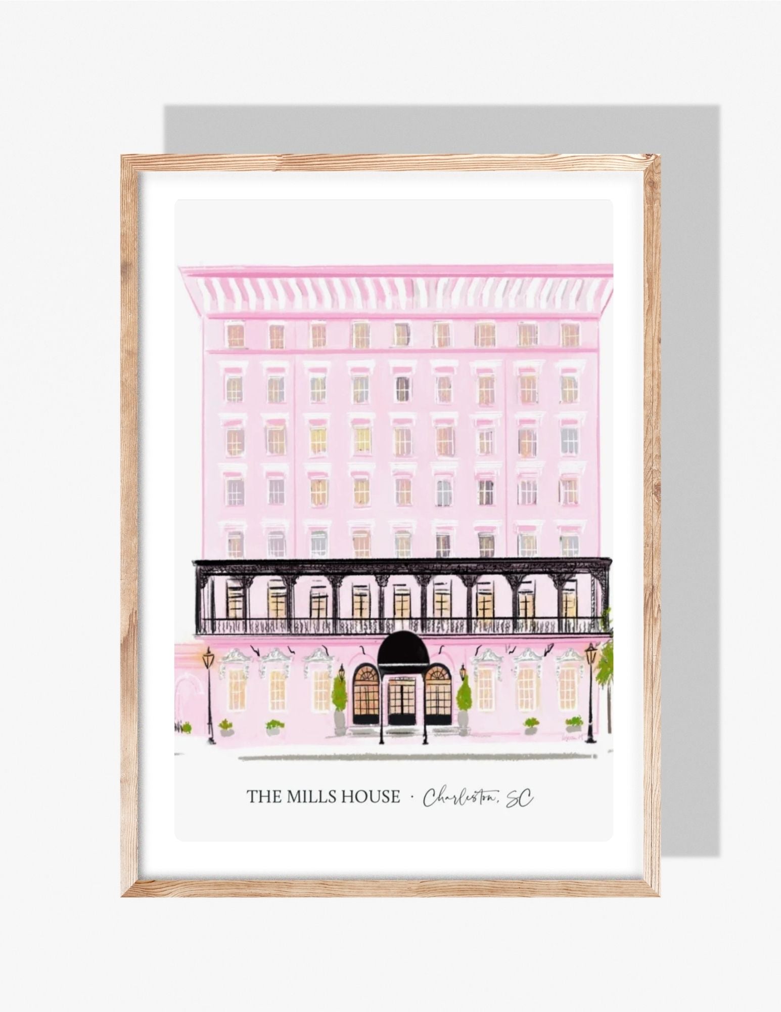 Illustration of The Mills House Hotel in Charleston, SC, painted in soft pink with black iron balconies — art by Rebecca Illustrated.