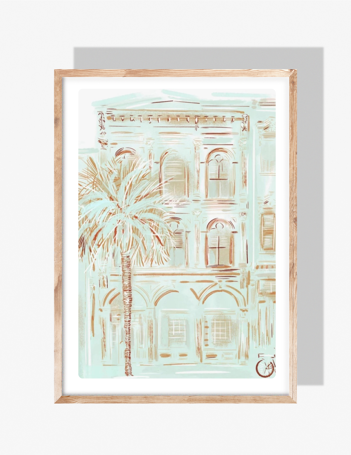 Pastel mint and tan illustration of a historic Charleston building with a palm tree by artist Rebecca Illustrated.