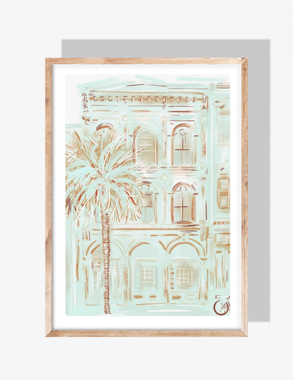 Pastel mint and tan illustration of a historic Charleston building with a palm tree by artist Rebecca Illustrated.