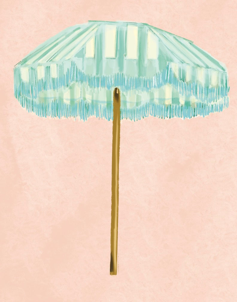 Illustrated mint green striped umbrella with fringe detailing on a wooden pole, set against a soft blush background.