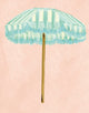 Illustrated mint green striped umbrella with fringe detailing on a wooden pole, set against a soft blush background.