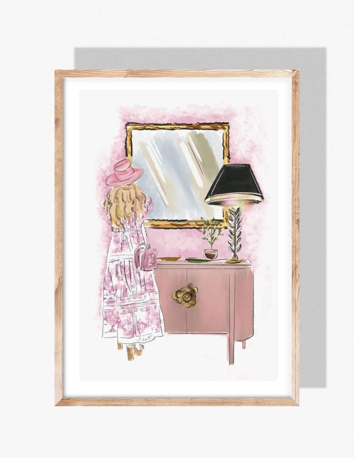 Illustration of a woman in a pink dress standing before a mirror in a soft pink interior, created by Rebecca Illustrated.