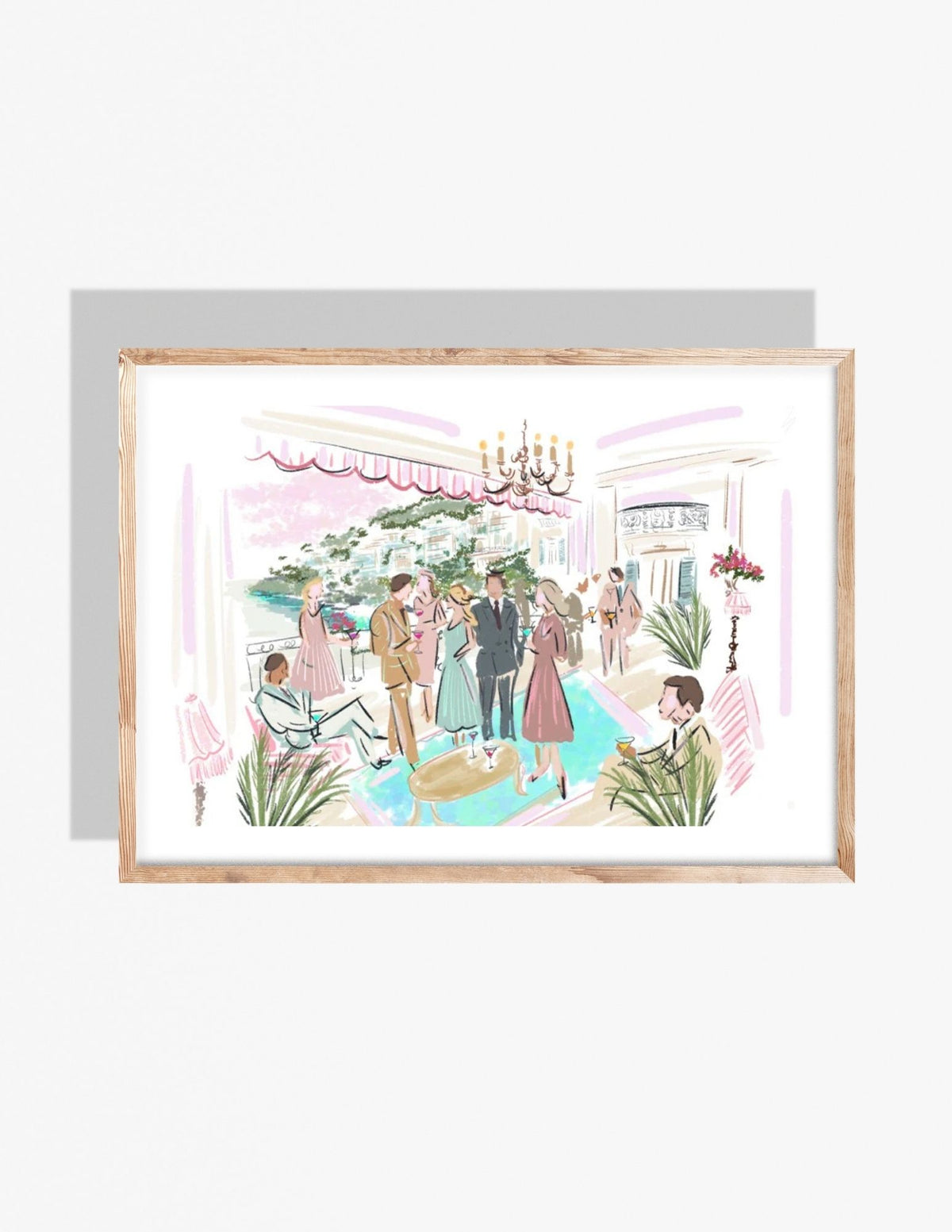 Monaco inspired illustration of an elegant cocktail party overlooking the coast, with vintage fashion and Mediterranean architecture, by Rebecca Illustrated.