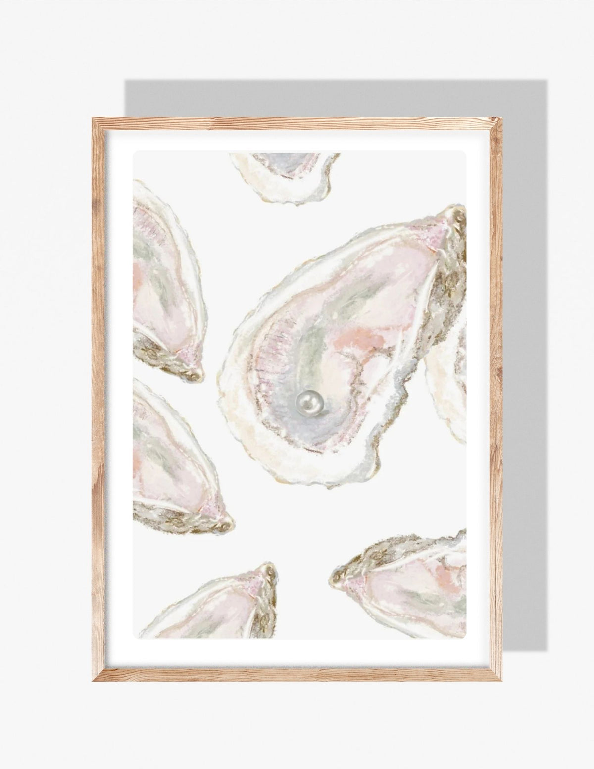Pastel illustration of multiple oysters with soft pink and neutral tones, including one oyster with a pearl, created by artist Rebecca Illustrated.