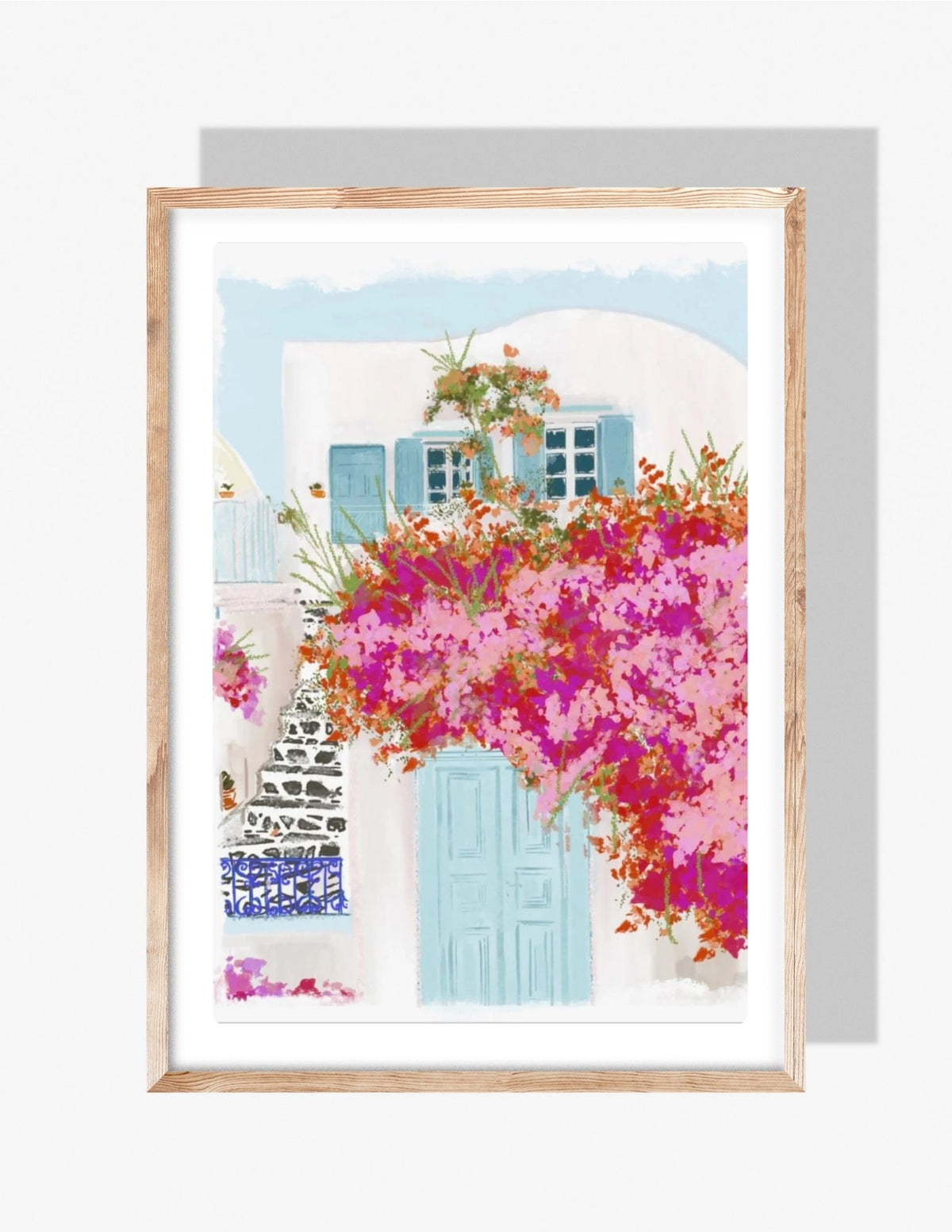 Illustration of a Mykonos home with bright pink bougainvillea, blue shutters, white Cycladic architecture, and stone steps, created by artist Rebecca Illustrated.