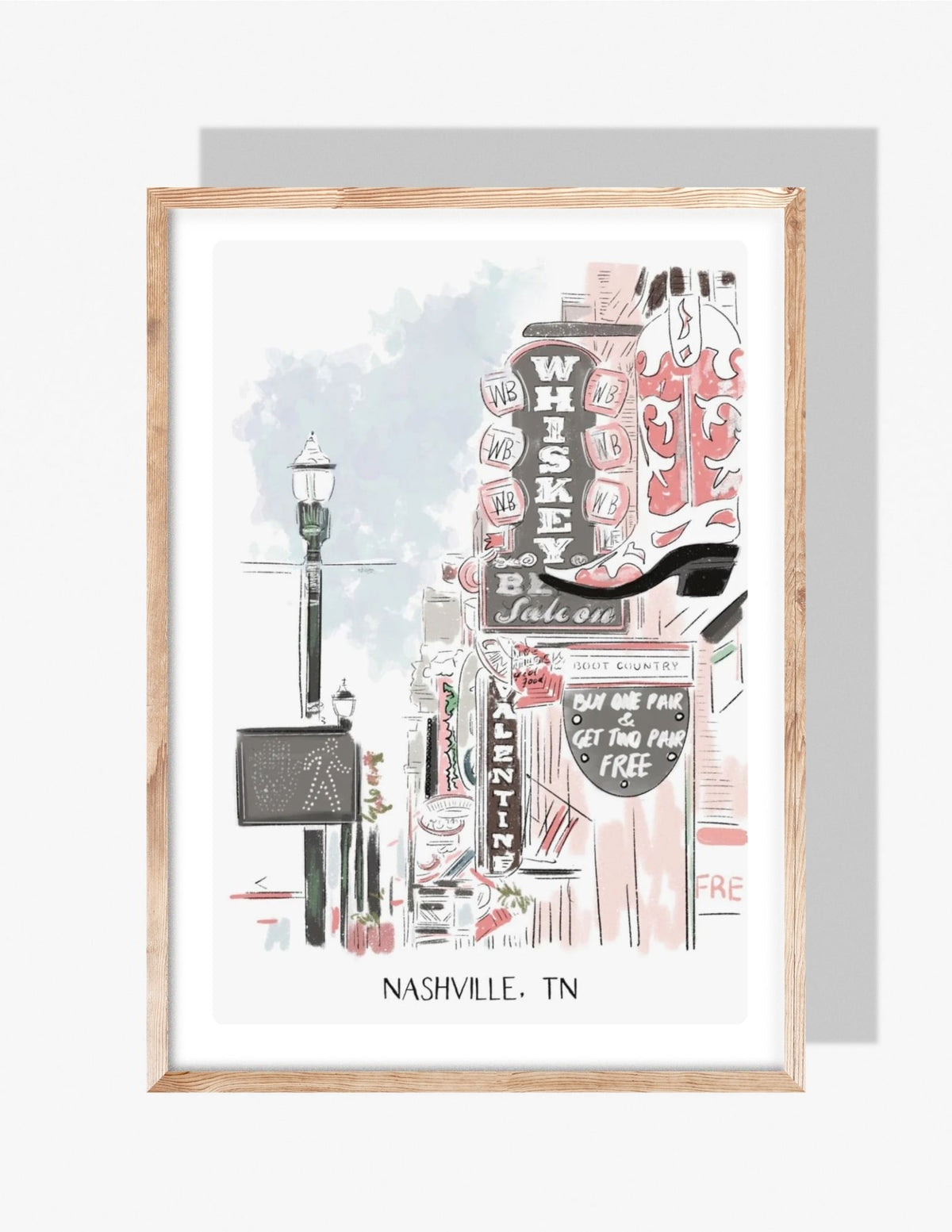 Illustration of Nashville’s Broadway street featuring neon signs, a cowboy boot, and city details, artwork by Rebecca Illustrated