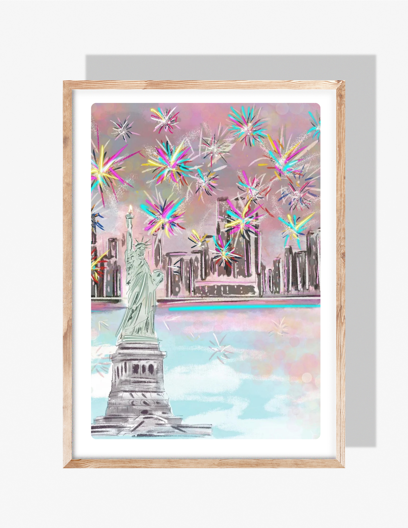 A colorful illustration by Rebecca Illustrated featuring the Statue of Liberty, the New York City skyline, and vibrant fireworks bursting across the sky in pastel and neon tones.