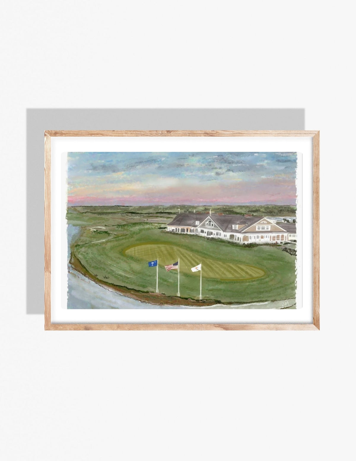 Watercolor-style illustration of the Kiawah Island Ocean Course clubhouse and golf green with flags, coastal dunes, and pastel sky.