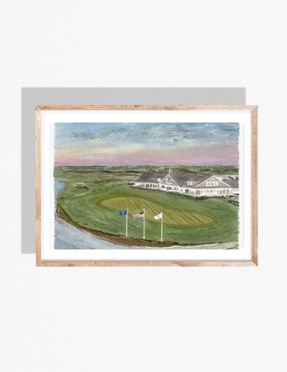 Watercolor-style illustration of the Kiawah Island Ocean Course clubhouse and golf green with flags, coastal dunes, and pastel sky.