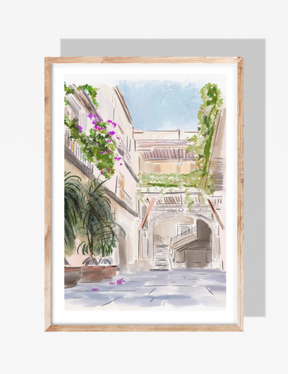 Illustration of a sunlit courtyard in Old Town Crete with stone steps, balconies, blooming vines, and Mediterranean architecture by Rebecca Illustrated.