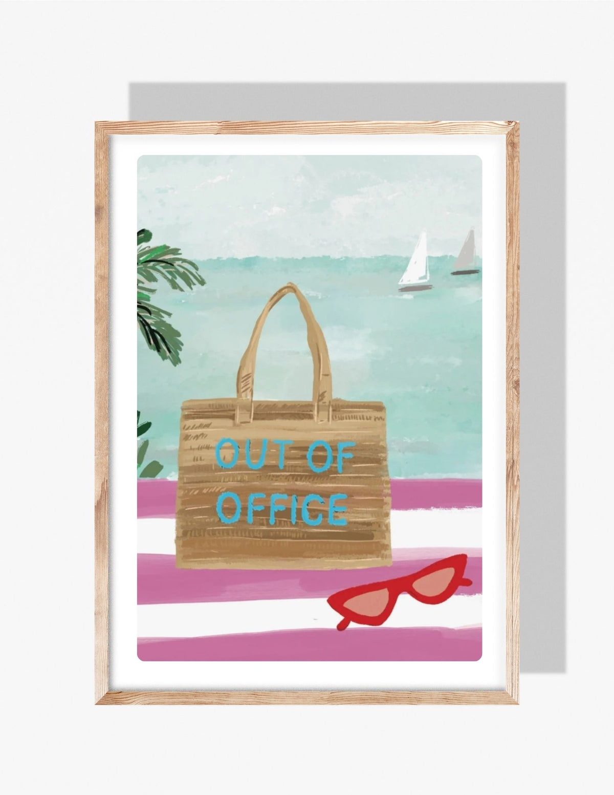 llustration of a woven beach bag labeled “Out of Office” on a striped towel with red sunglasses and sailboats in the background, created by artist Rebecca Illustrated.