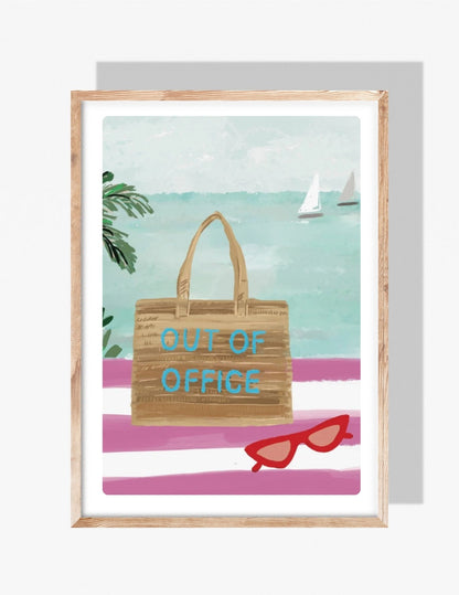 llustration of a woven beach bag labeled “Out of Office” on a striped towel with red sunglasses and sailboats in the background, created by artist Rebecca Illustrated.