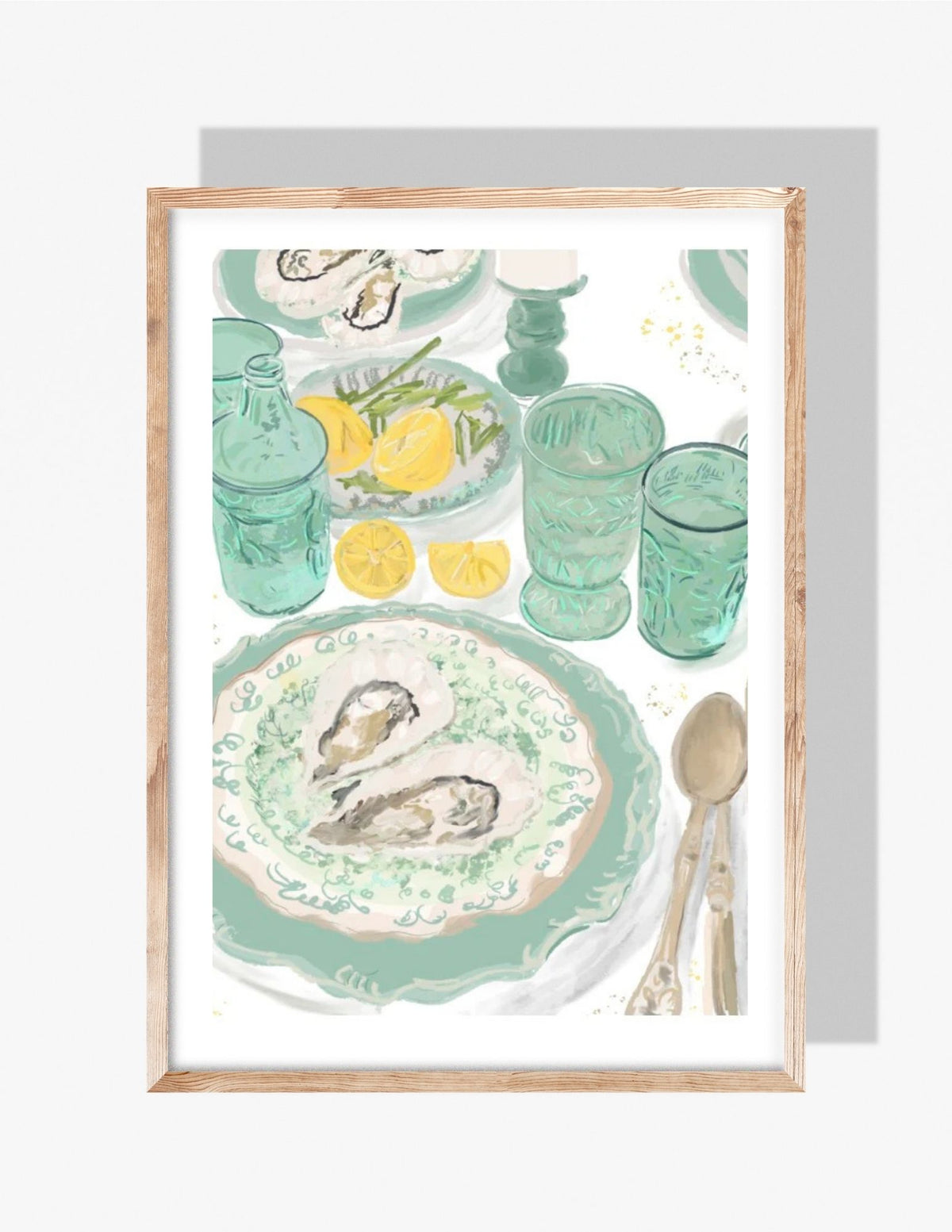 Watercolor-style illustration of an oyster tablescape with lemons, vintage green glassware, and seafoam plates.