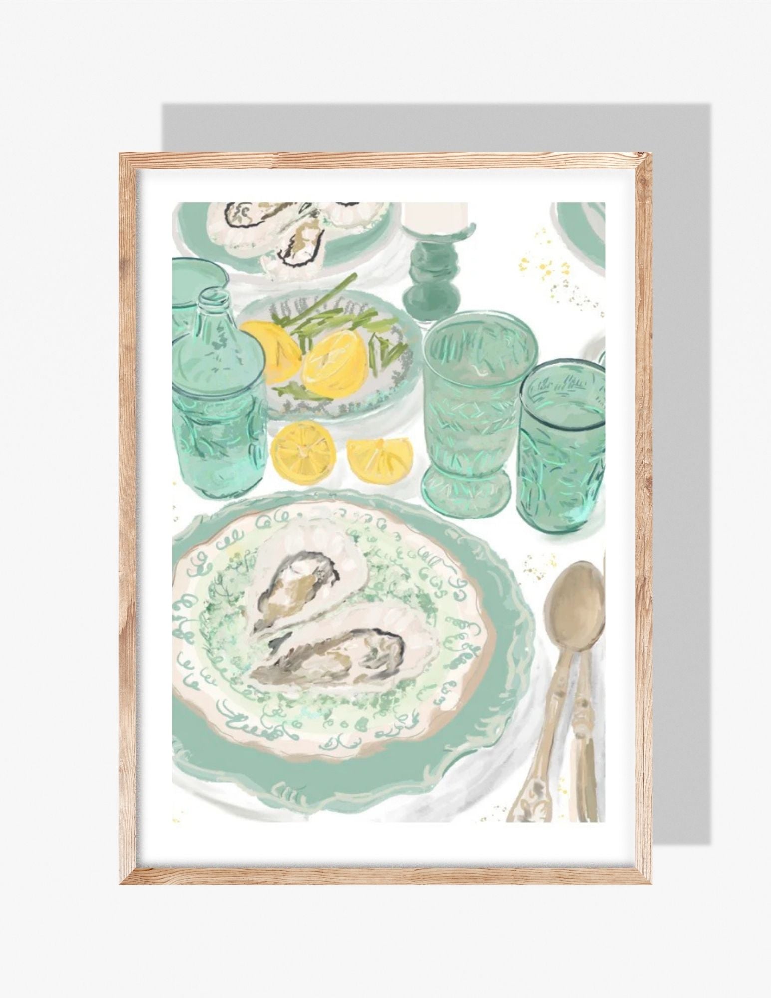 Watercolor-style illustration of an oyster tablescape with lemons, vintage green glassware, and seafoam plates.