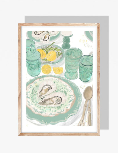 Watercolor-style illustration of an oyster tablescape with lemons, vintage green glassware, and seafoam plates.