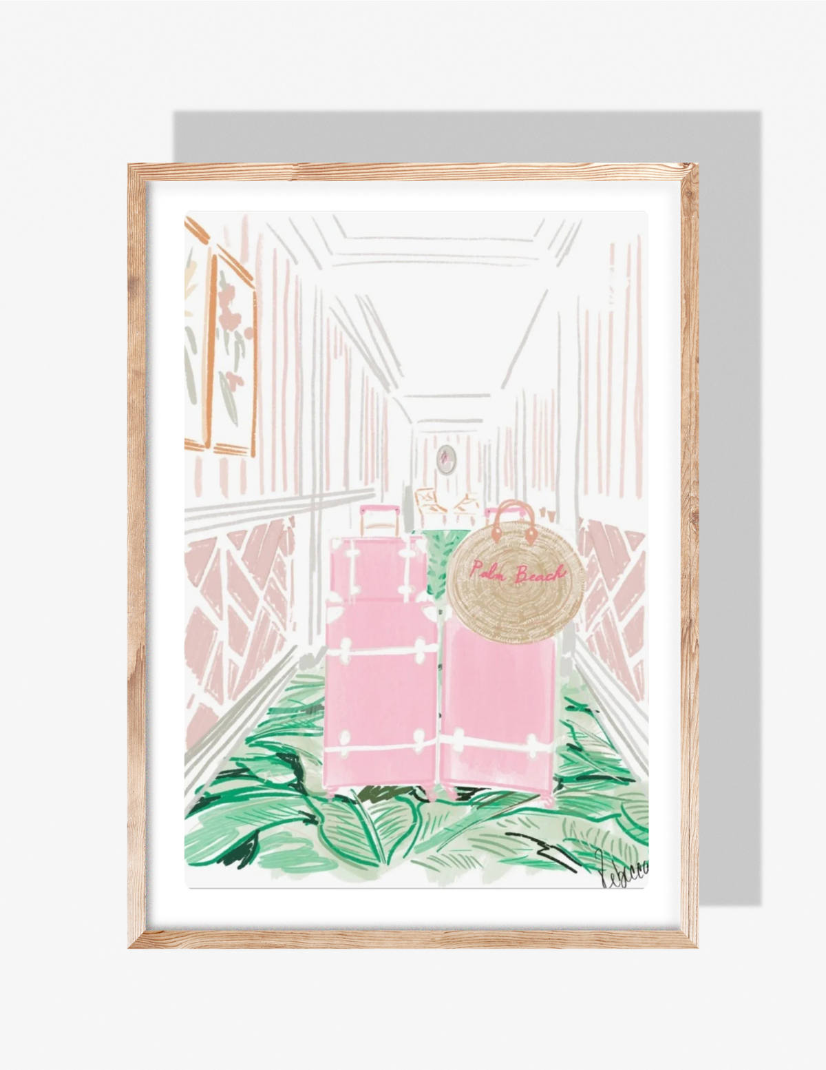 Illustrated art print of pink suitcases in a chic Palm Beach–style hallway with tropical green flooring by artist Rebecca Illustrated.