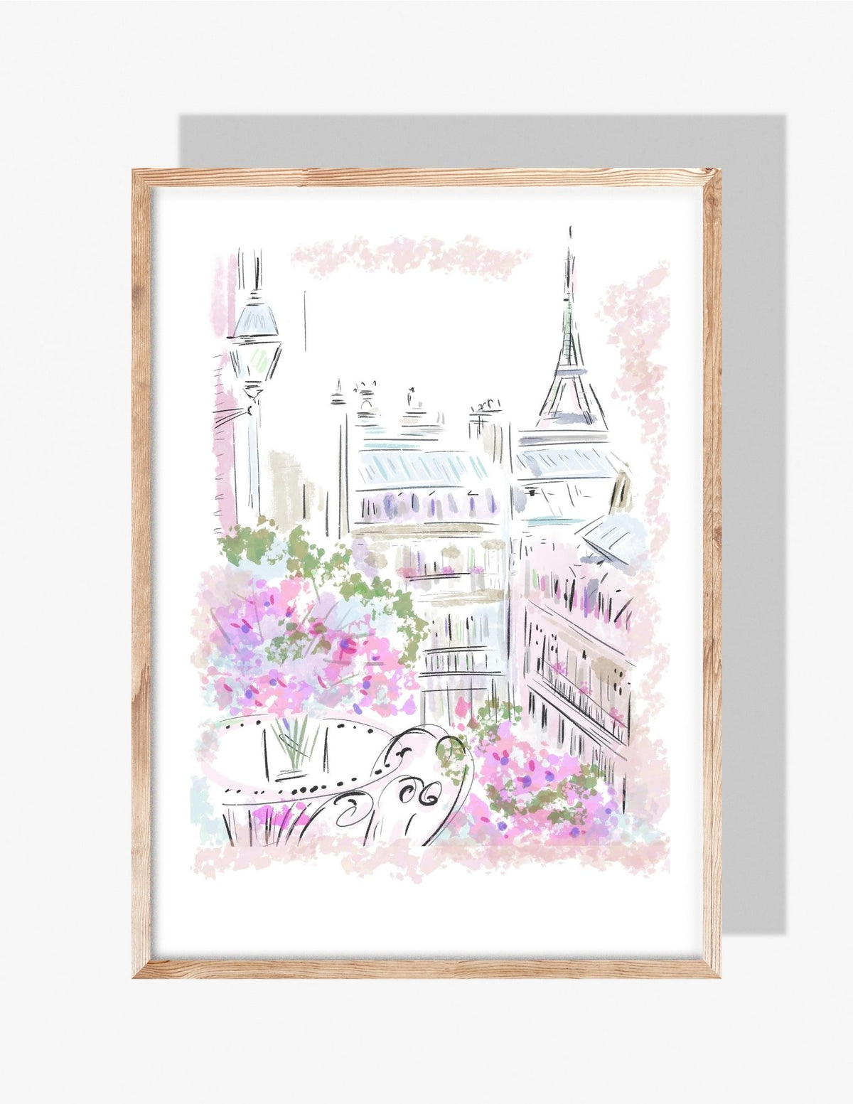 Pastel illustration of a Parisian balcony with pink blossoms and rooftops, featuring a distant Eiffel Tower, artwork by Rebecca Illustrated