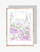 Pastel illustration of a Parisian balcony with pink blossoms and rooftops, featuring a distant Eiffel Tower, artwork by Rebecca Illustrated