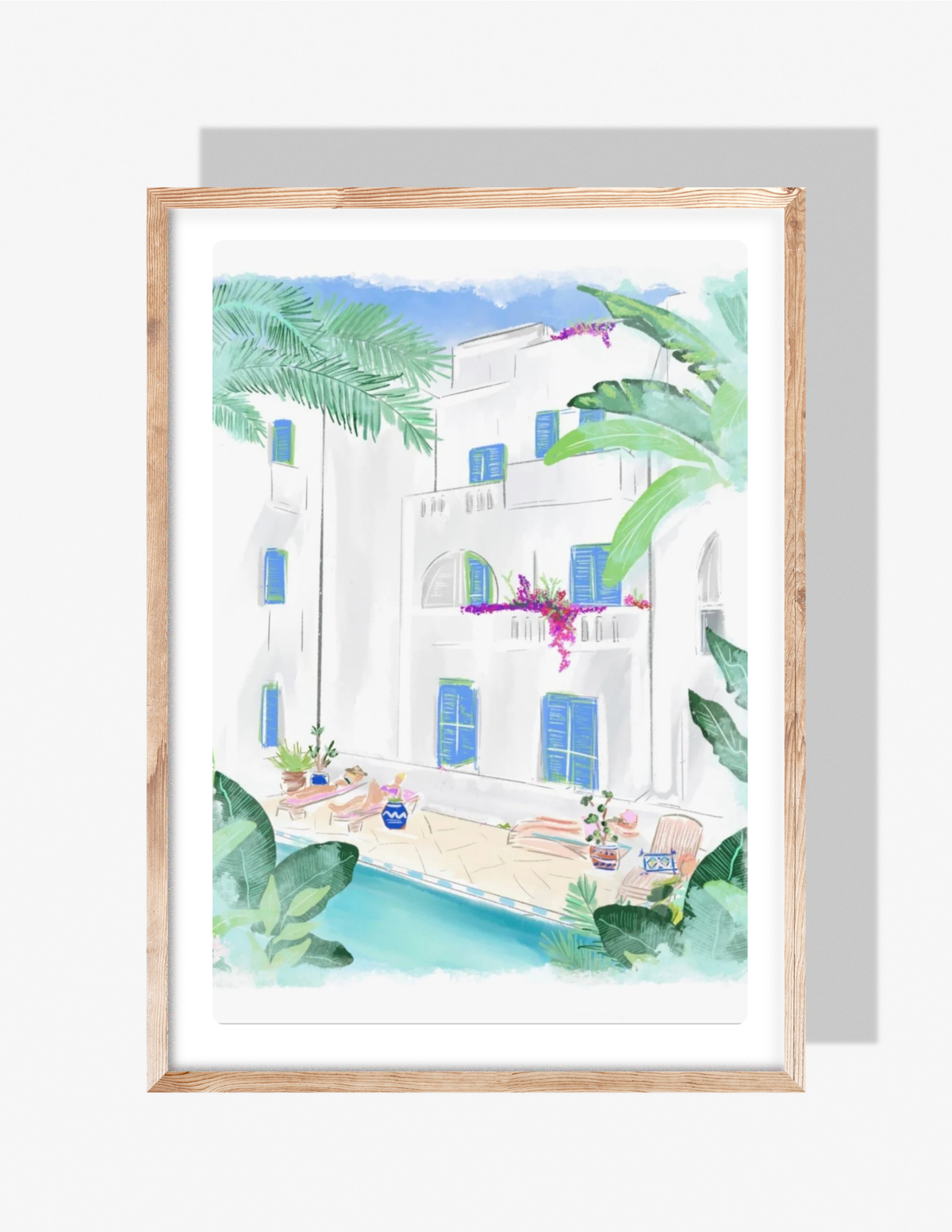 Watercolor-style illustration of a Greek island courtyard in Paros with white buildings, blue shutters, bougainvillea, tropical plants, and a pool, by artist Rebecca Illustrated.