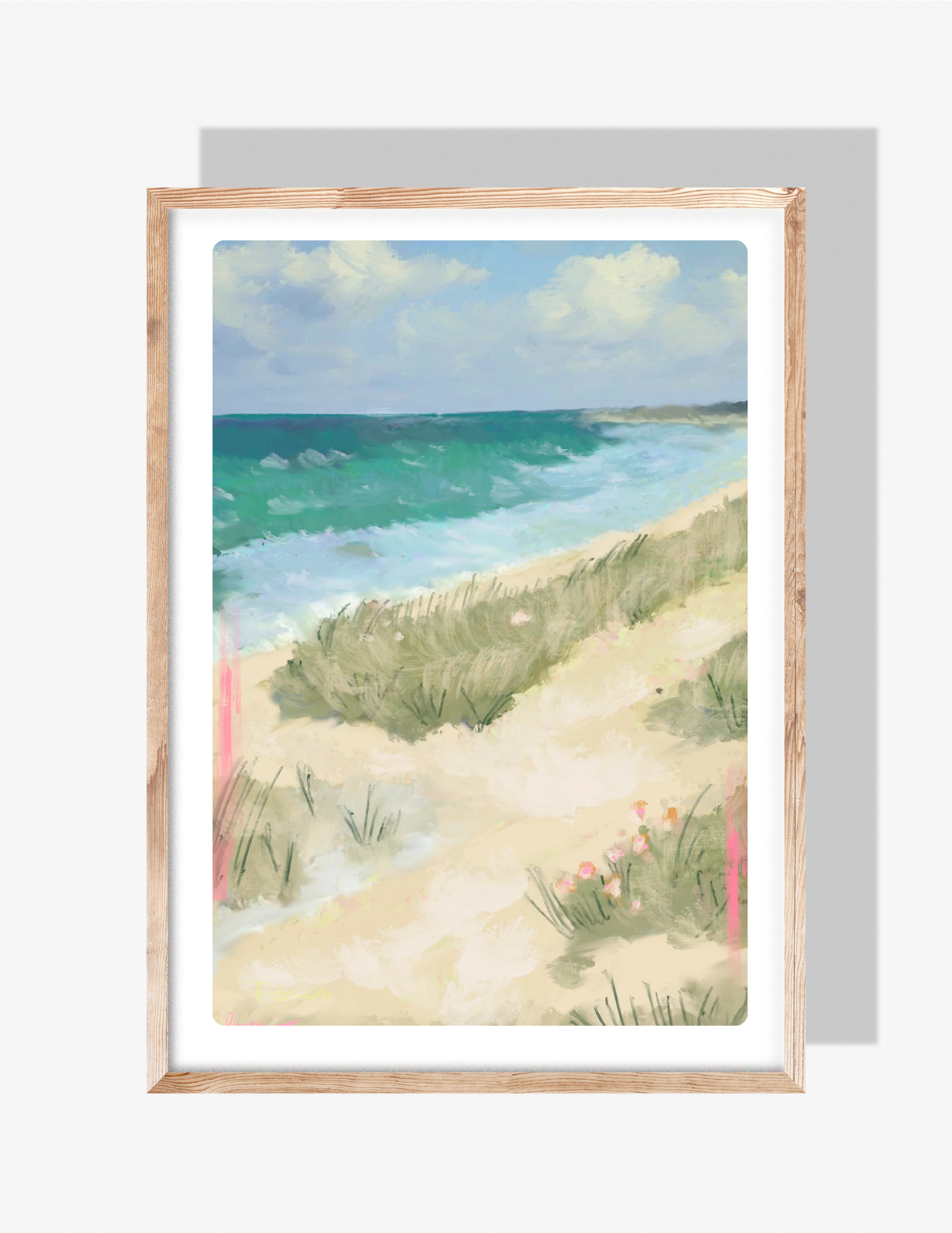 Pastel watercolor illustration of a sandy beach walkway with sea grass, ocean waves, and a soft blue sky, created by artist Rebecca Illustrated.