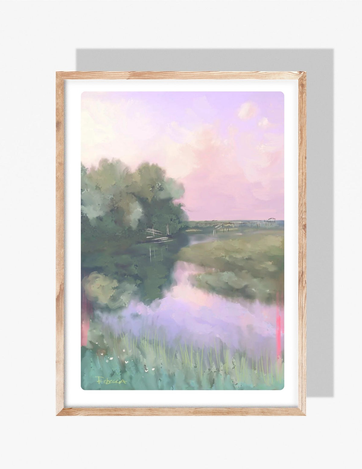 Pastel marsh landscape illustration with reflective water, soft clouds, grasses, and distant docks, by Rebecca Illustrated.