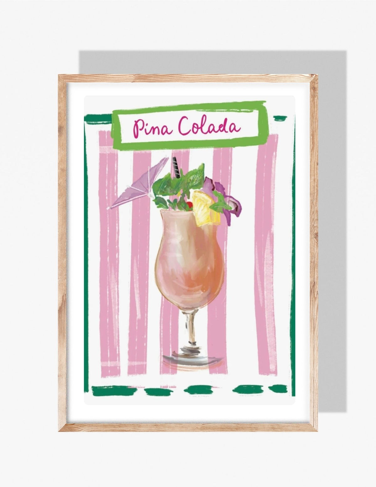 A colorful illustration by Rebecca Illustrated of a piña colada garnished with pineapple, mint, and an umbrella, set against a pink striped background with green accents.