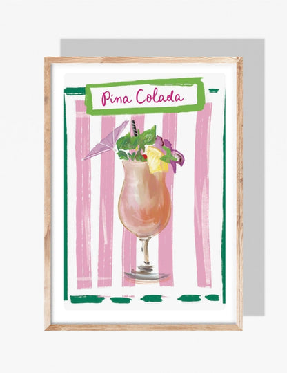 A colorful illustration by Rebecca Illustrated of a piña colada garnished with pineapple, mint, and an umbrella, set against a pink striped background with green accents.