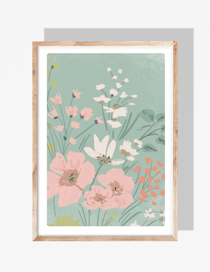 PINK & TEAL FLOWERS - Art Print
