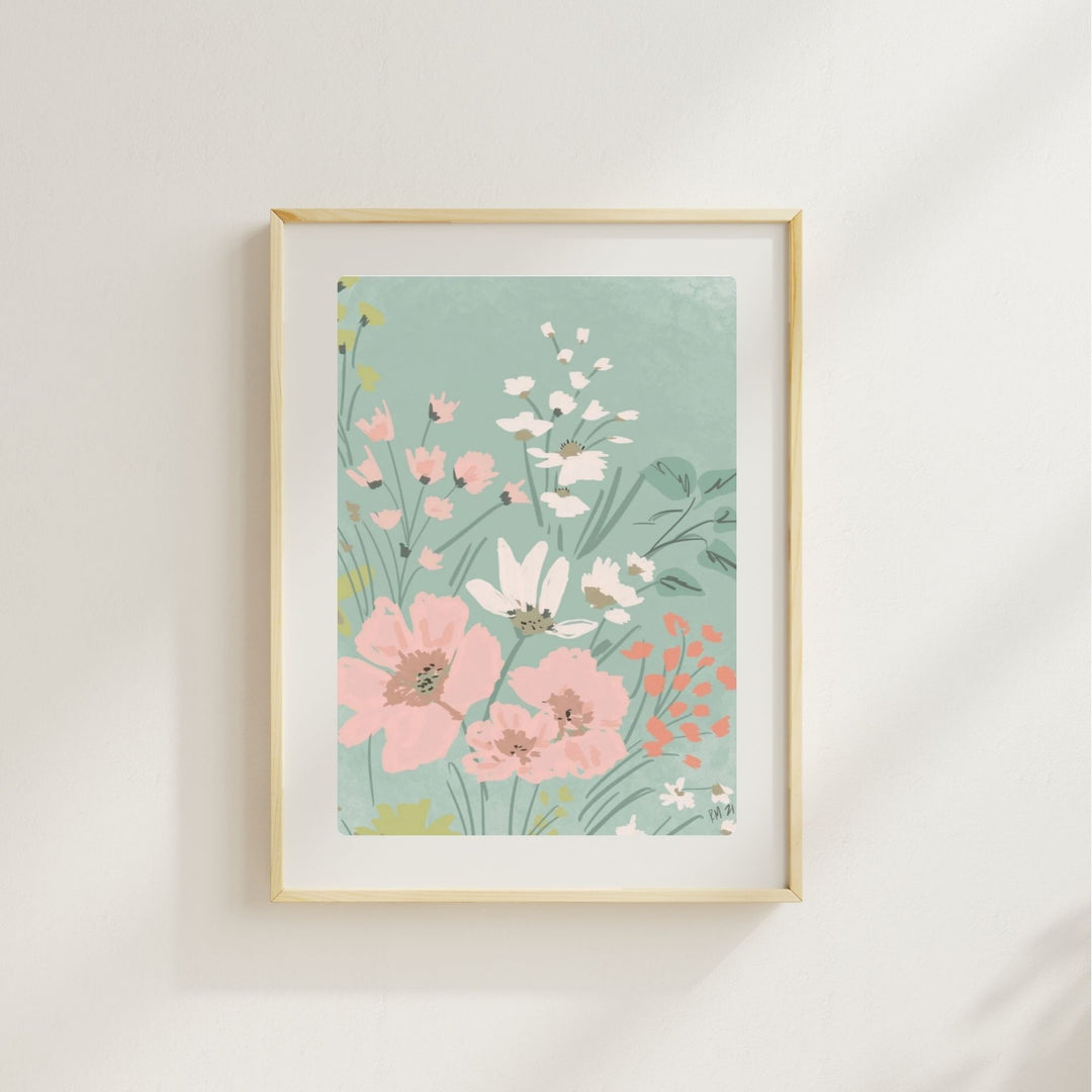 PINK & TEAL FLOWERS - Art Print