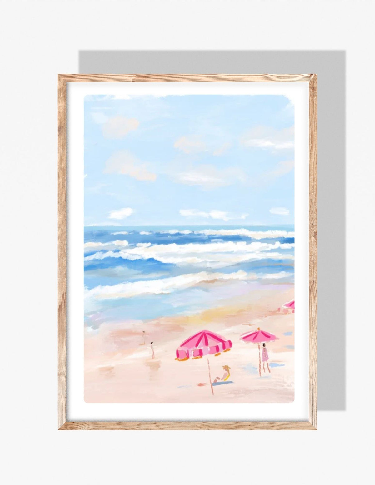 Soft pastel beach illustration with blue ocean waves, sandy shoreline, and pink beach umbrellas, painted in a light airy style by Rebecca Illustrated.