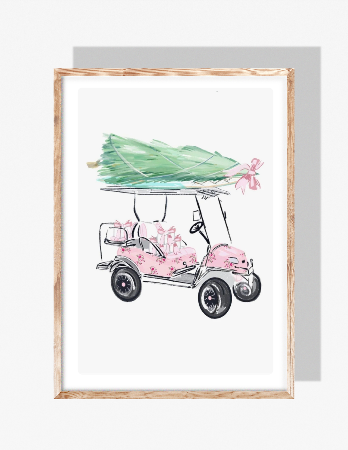 Holiday art print of a pink floral golf cart carrying a Christmas tree and wrapped gifts, illustrated by Rebecca Illustrated