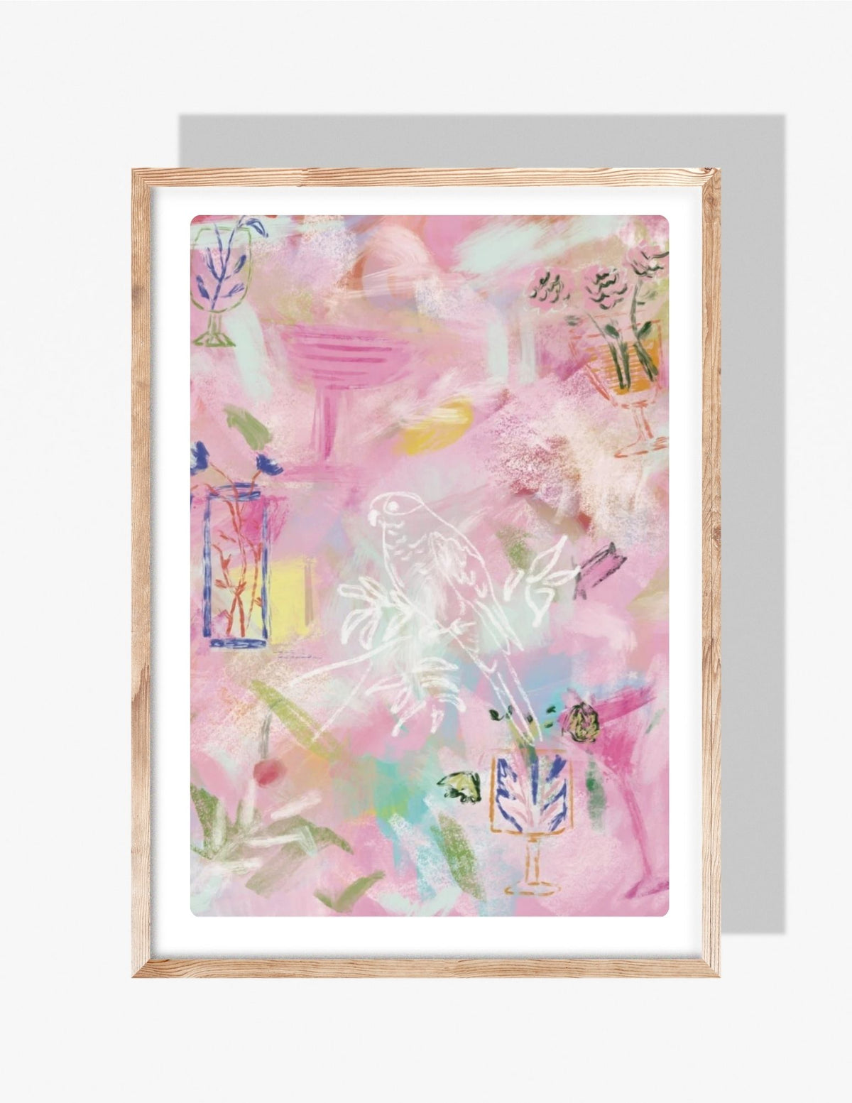 Abstract pink art print by Rebecca Illustrated featuring whimsical cocktail glasses, florals, and soft pastel brushstrokes.