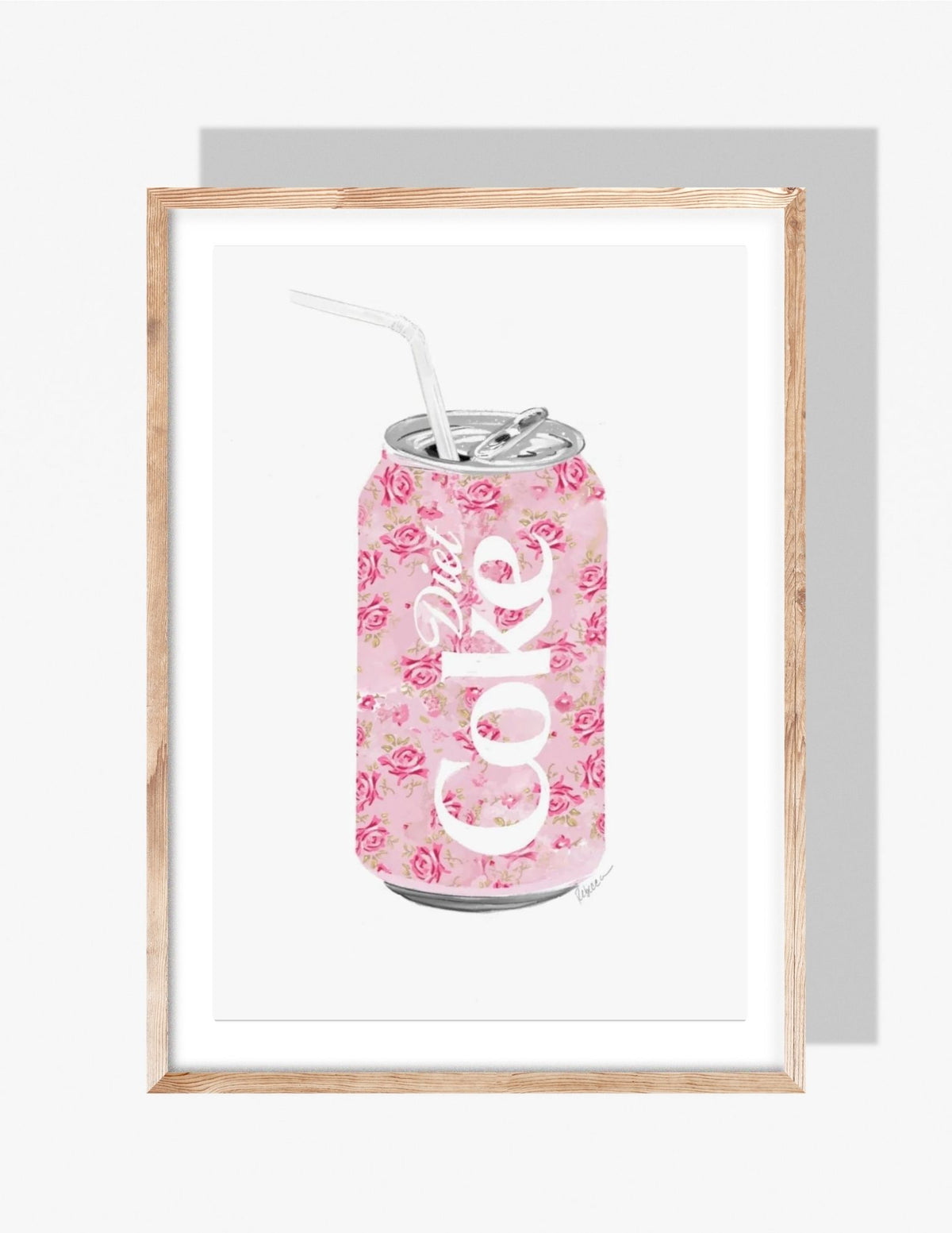 Illustration of a Diet Coke can covered in pink floral patterns with a straw, artwork by Rebecca Illustrated