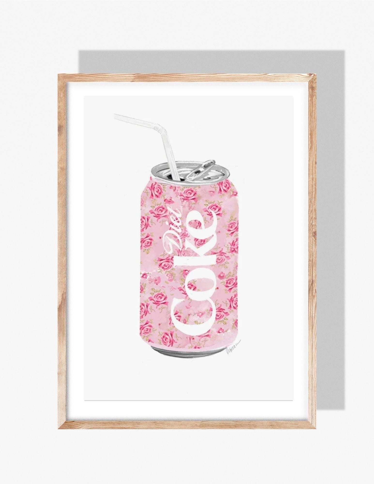 Illustration of a Diet Coke can covered in pink floral patterns with a straw, artwork by Rebecca Illustrated