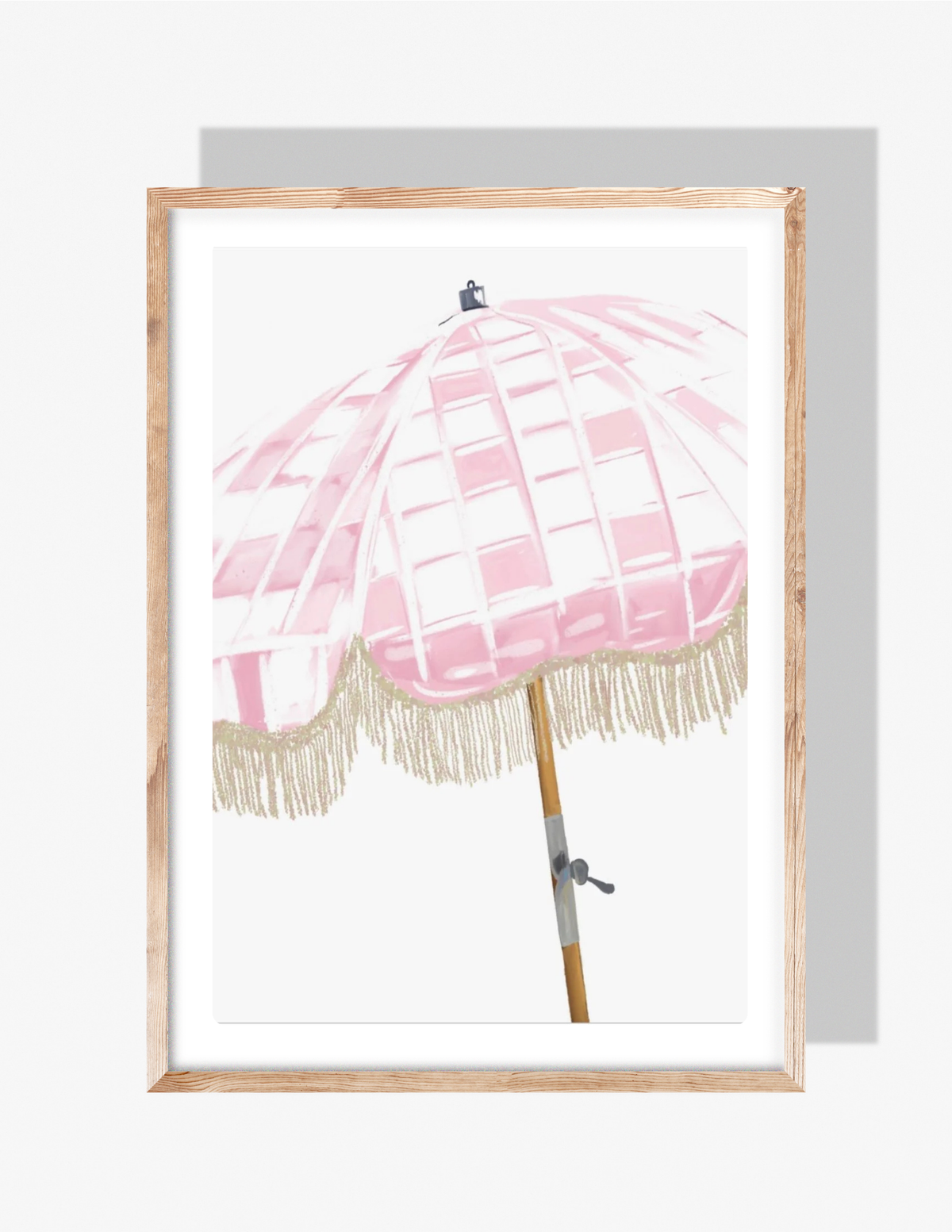A pastel pink checkered beach umbrella with fringe, illustrated by Rebecca Illustrated, against a clean white background.