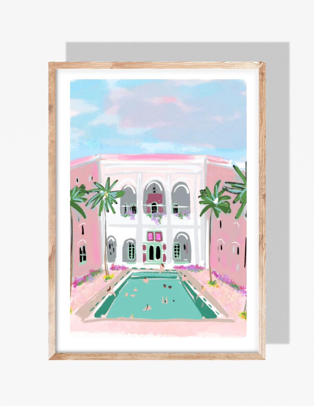 Illustration of a pastel pink and white courtyard with palm trees and a turquoise pool under a soft blue sky, created by artist Rebecca Illustrated.