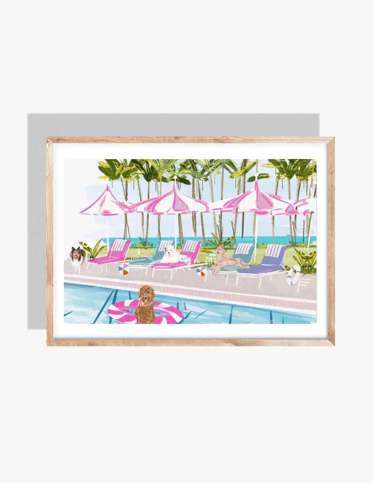 Illustration of dogs lounging by a tropical pool with pink umbrellas and palm trees, created by Rebecca Illustrated.