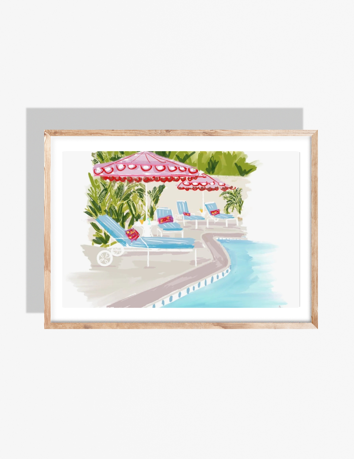 Illustration of a tropical resort pool with pink umbrellas, blue loungers, and palm greenery by Rebecca Illustrated.