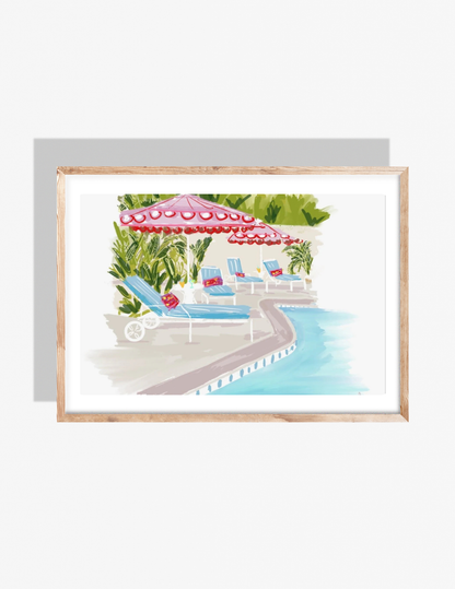 Illustration of a tropical resort pool with pink umbrellas, blue loungers, and palm greenery by Rebecca Illustrated.