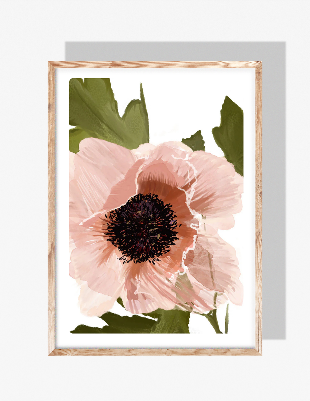 Illustrated pink poppy flower with dark center and green leaves on a white background — artwork by Rebecca Illustrated